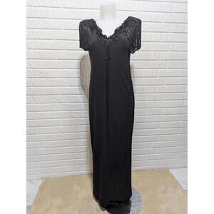 Rose Taft Couture Vintage Black Bead Trimmed Evening Gown Front Slit Size S